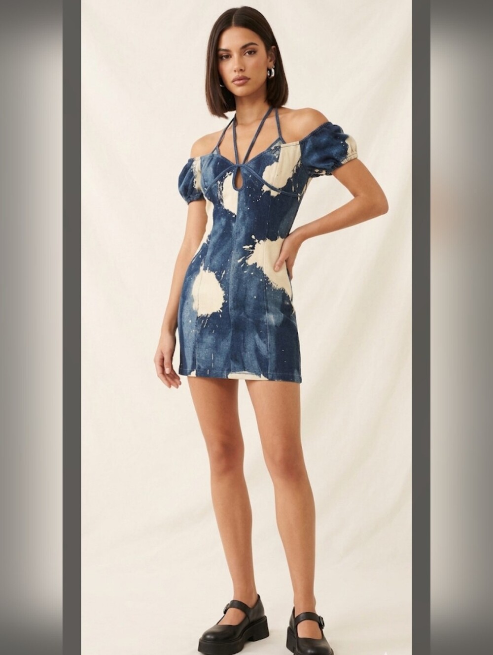 I.AM.GIA Blue & Cream Tie-Dye Mini Dress with Strappy Halter NWOT